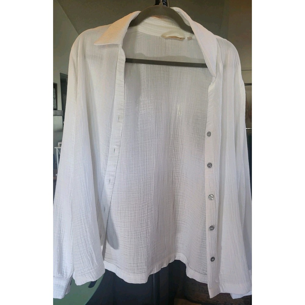 Soft Surroundings Button Up 100% Cotton Gauze Roll Tab Sleeve Top Sz L Coastal